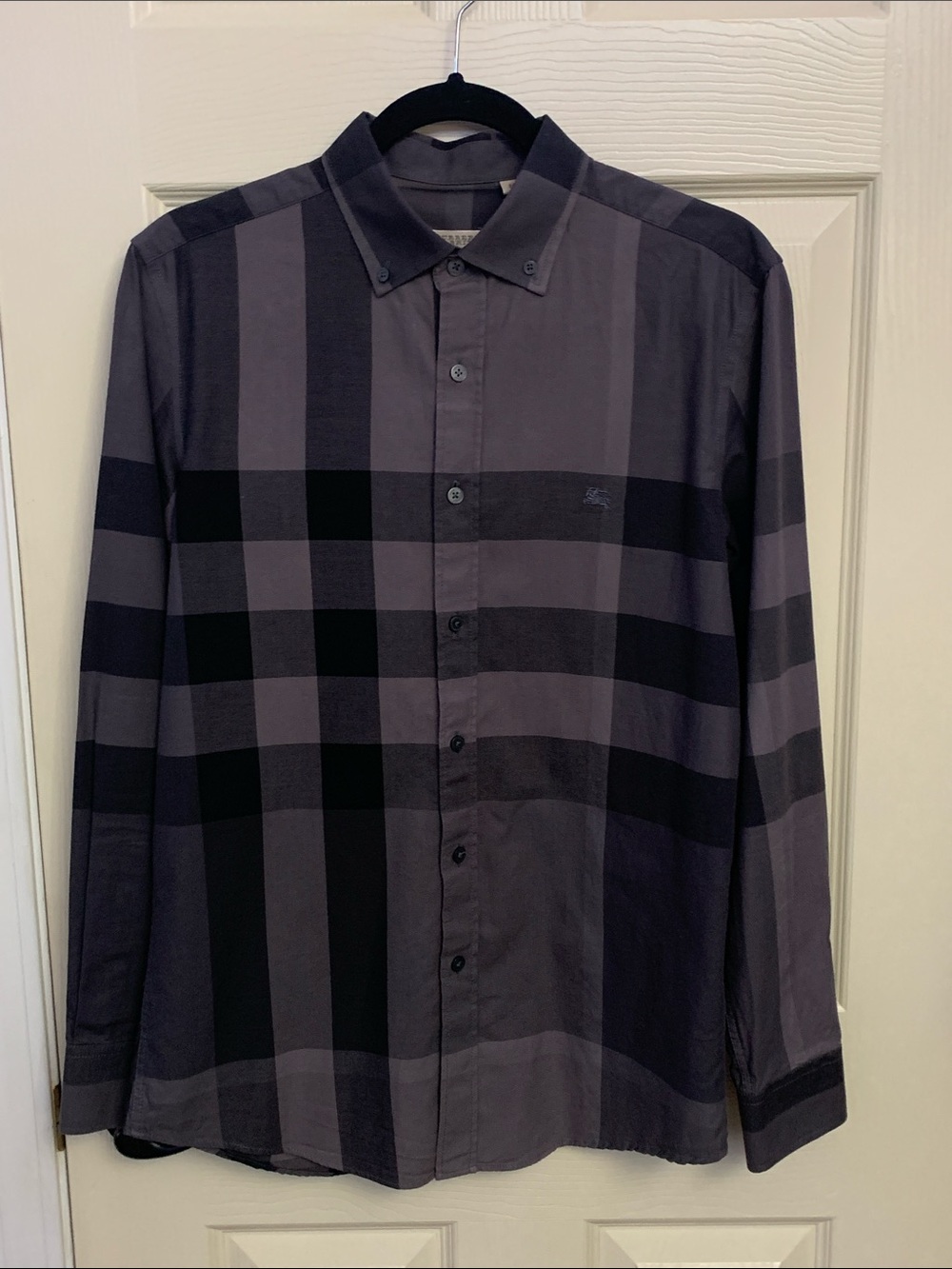 Burberry Men's Black and Charcoal Plaid Button-Down Shirt